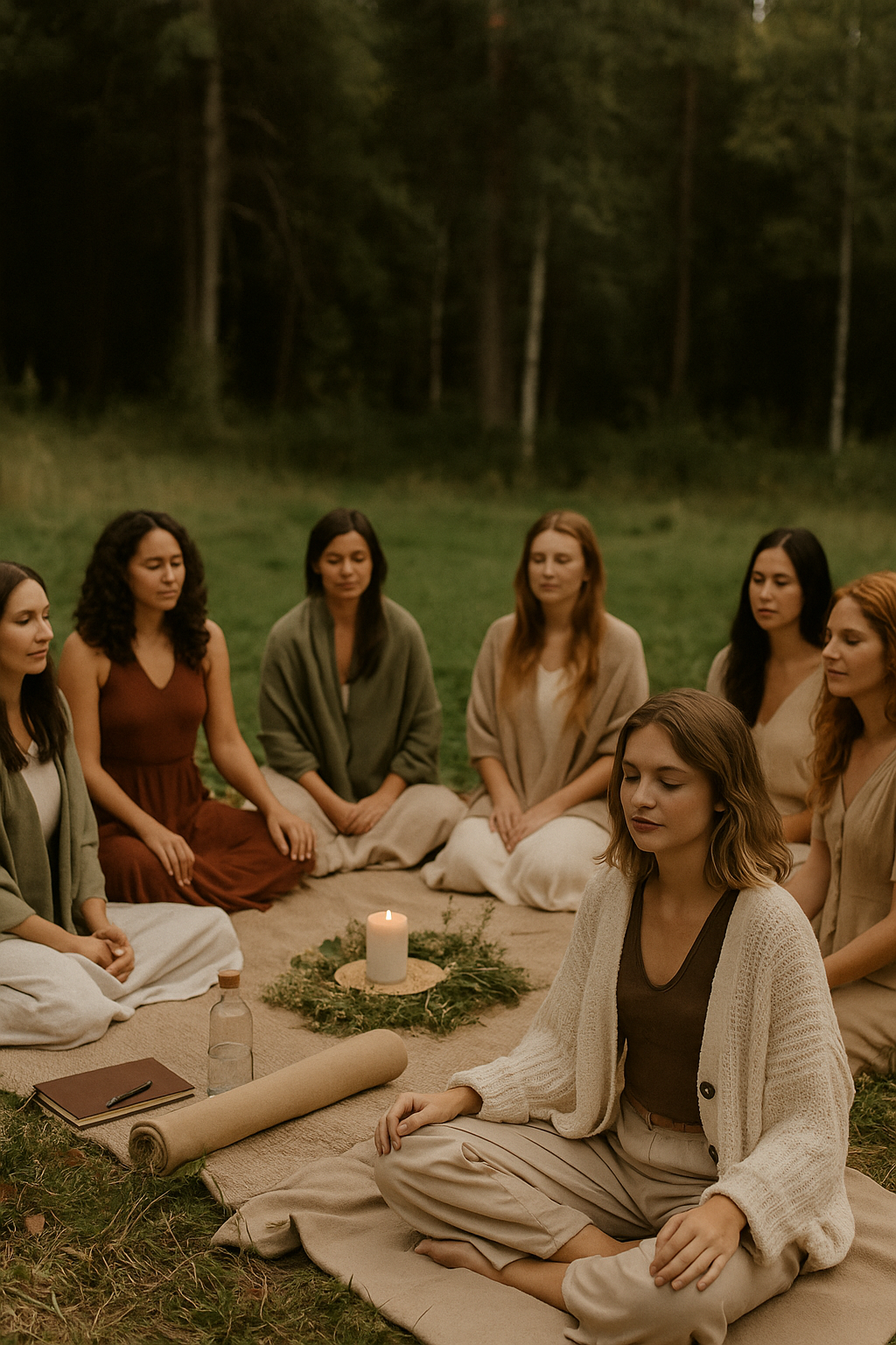 Mulheres reunidas em círculo na natureza, partilhando um momento de conexão e acolhimento